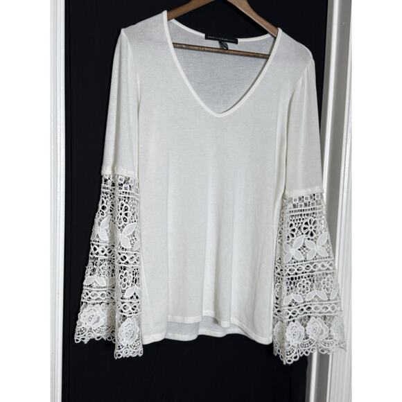 White House Black Market Tops - White House Black Market White Tunic Embroidered Floral Lace Bell Sleeves L boho
